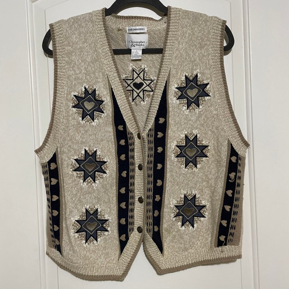 Christopher & Banks Hand Embroidered Sweater Vest Novelty Grandma Western Farm